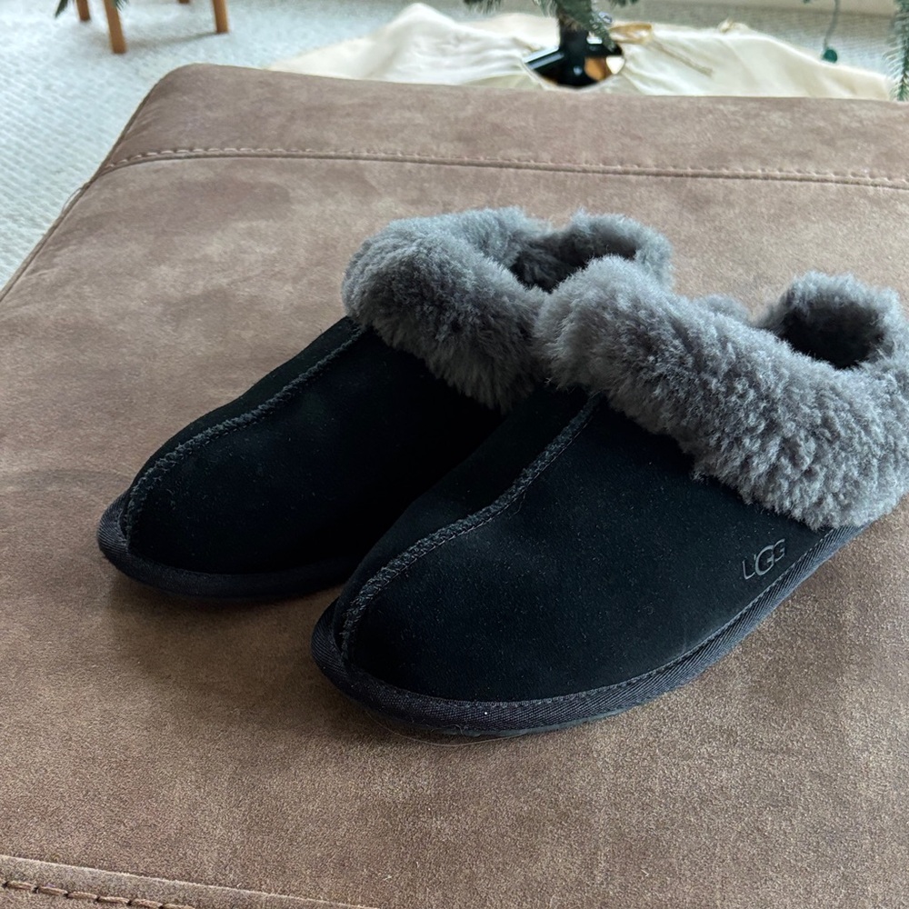 UGG Black Suede Slip-On Mules with Gray Shearling Cuff
